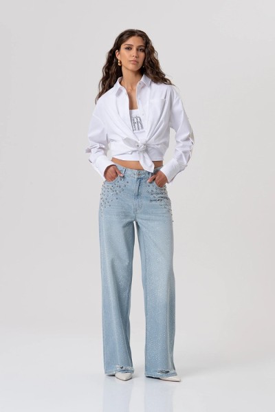 Fracomina jeans straight fit in denim con lavaggio chiaro e con pietre luminose e strass fp26sv2007d40003 [7217c8af]