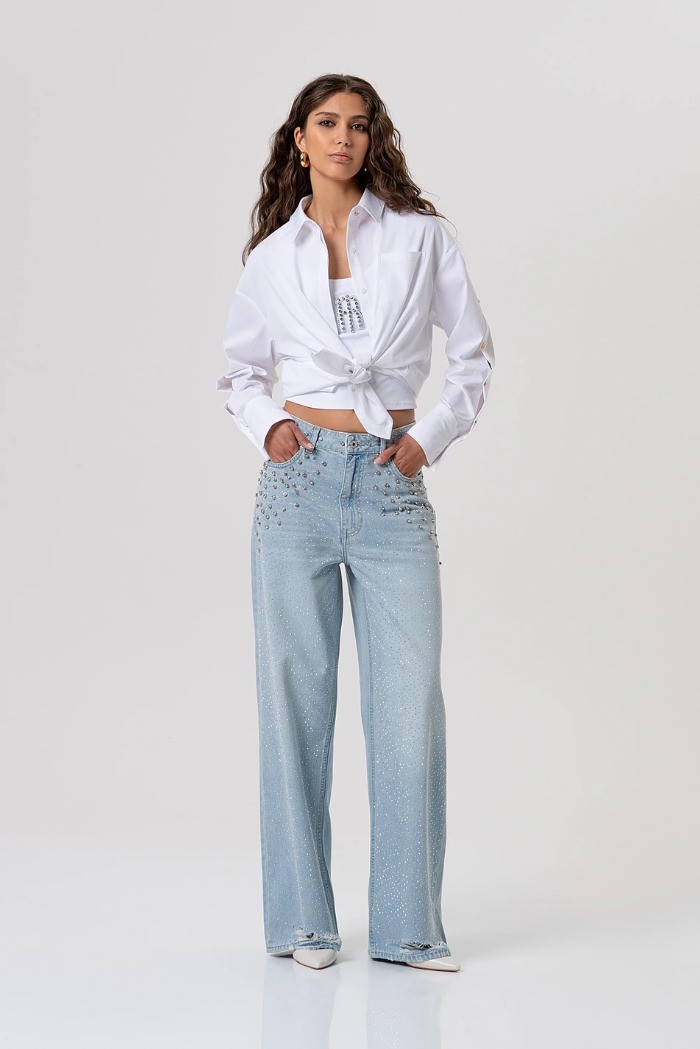 Fracomina jeans straight fit in denim con lavaggio chiaro e con pietre luminose e strass fp26sv2007d40003 [7217c8af]