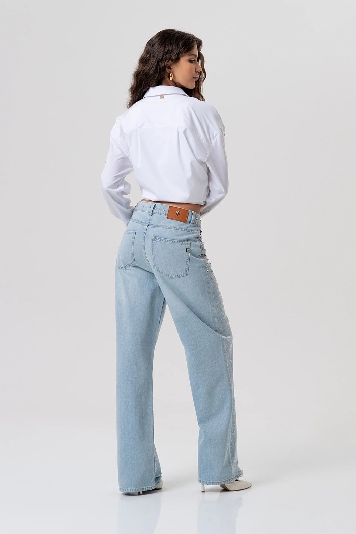 Fracomina jeans straight fit in denim con lavaggio chiaro e con pietre luminose e strass fp26sv2007d40003 [1c2c4aa6]