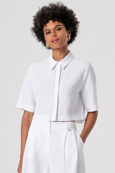 Fracomina camicia cropped in cotone con strass fs26st6013w62201 — 805219040078008_1