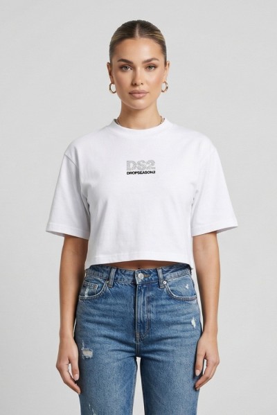 Drop Season 2 t-shirt cropped in cotone con logo strass SS26W526 — 805219040078833_1