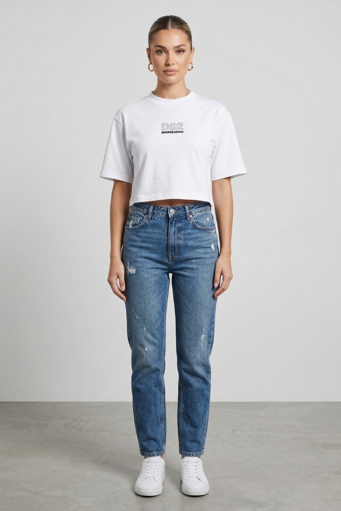 Drop Season 2 t-shirt cropped in cotone con logo strass SS26W526 [daa33472]