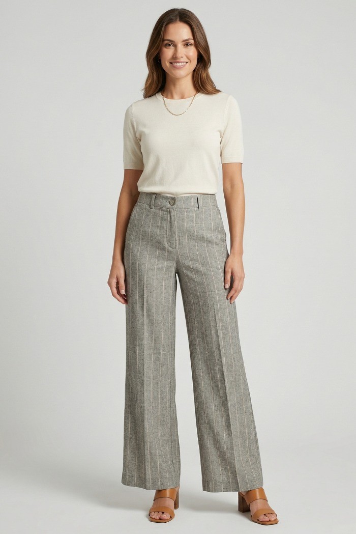 PDK pantalone flare a righe in misto lino e viscosa 057042 [ebc574e1]