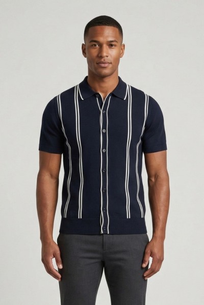 Nerovago cardigan polo a bottoni mezza manica con righe 661066-NV — 805219040078911_1