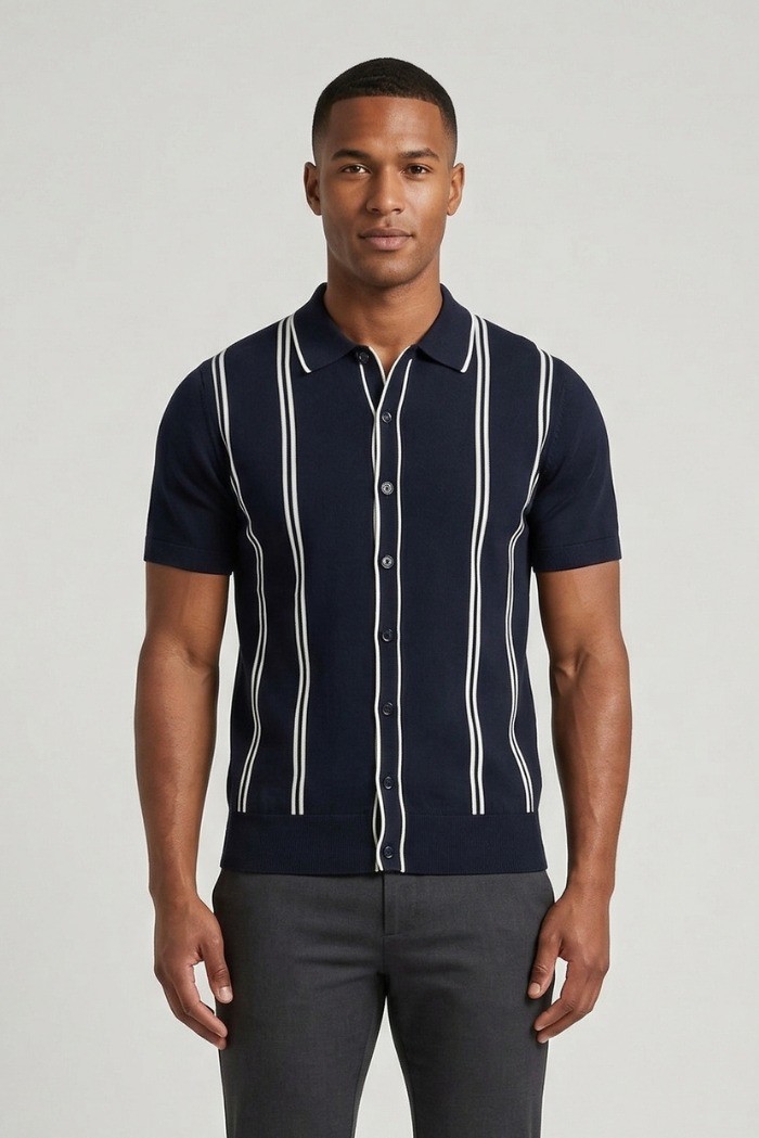 Nerovago cardigan polo a bottoni mezza manica con righe 661066-NV [3790538e]