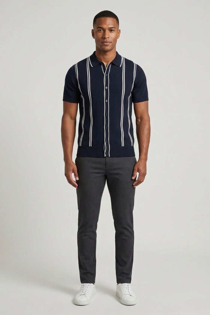 Nerovago cardigan polo a bottoni mezza manica con righe 661066-NV [59abd187]