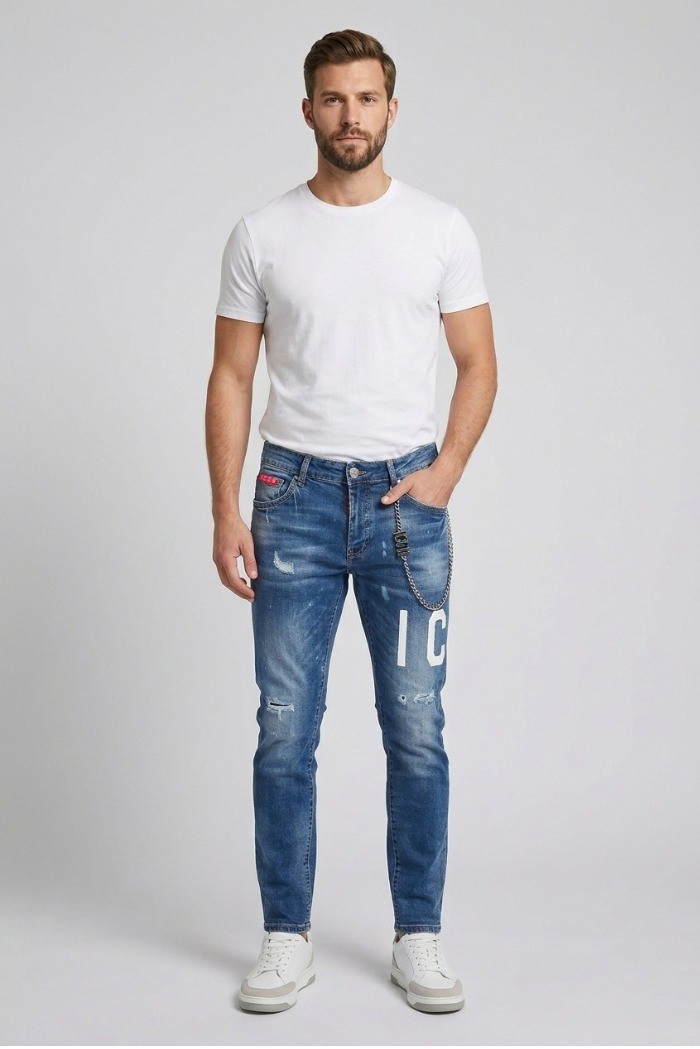 Icon jeans slim fit in denim con logo fronte/retro Rhide Island IUD009 [06330626]
