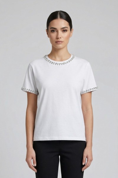 Fresh Flower t-shirt in cotone con strass su scollo e maniche FD556 — 805219040079319_1