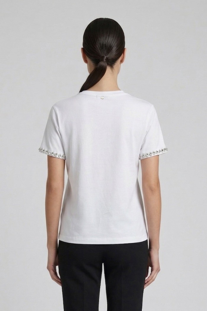 Fresh Flower t-shirt in cotone con strass su scollo e maniche FD556 [790d25cd]