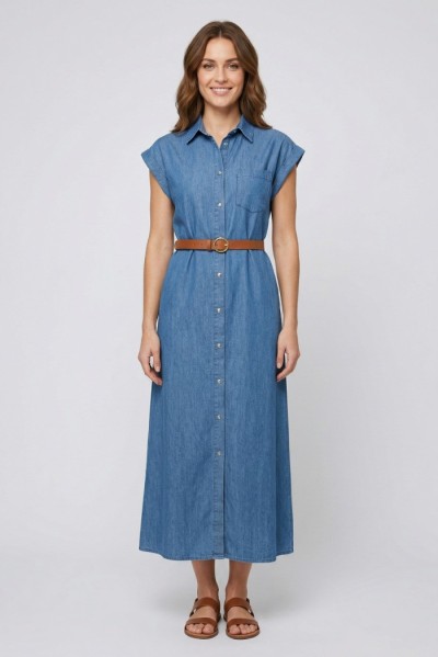 PDK abito lungo in chambray denim 056979 [7ba4fcf2]