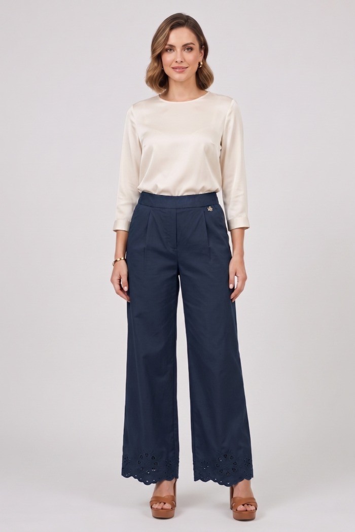 Fresh Flower pantalone in popeline di cotone con fondo traforato FD630 [245a3d22]