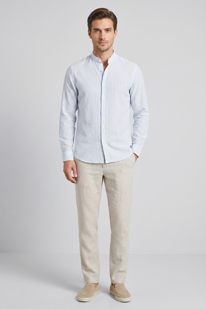 Sartor camicia coreana rigata in misto lino e cotone Parigi-s-6 [51b3c0ed]