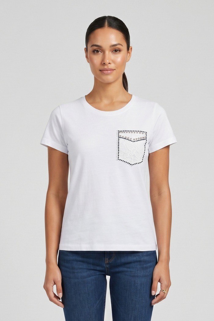 PDK t-shirt in cotone con taschino in pizzo 056932 [697748de]
