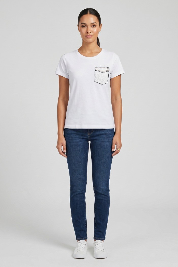 PDK t-shirt in cotone con taschino in pizzo 056932 [074ccad7]