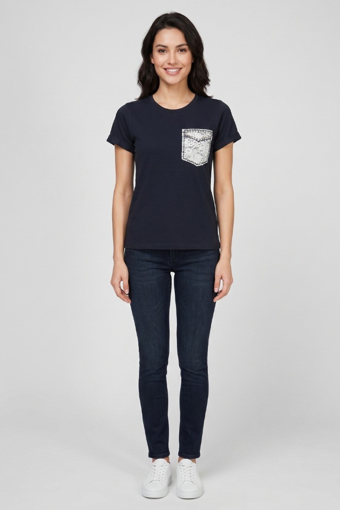 PDK t-shirt in cotone con taschino in pizzo 056932 [9c5270d1]