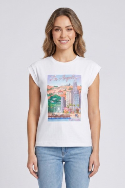 Fly Girl t-shirt giromanica in cotone stretch con stampa e strass 11694/03 — 805219040079617_1
