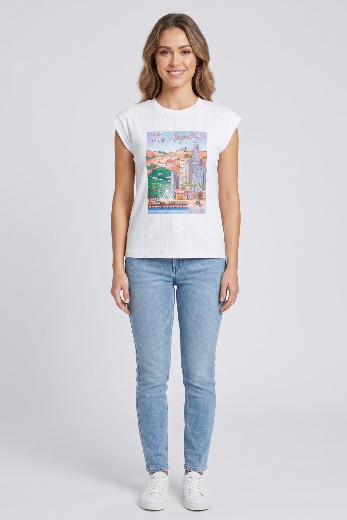 Fly Girl t-shirt giromanica in cotone stretch con stampa e strass 11694/03 [4be6b37b]