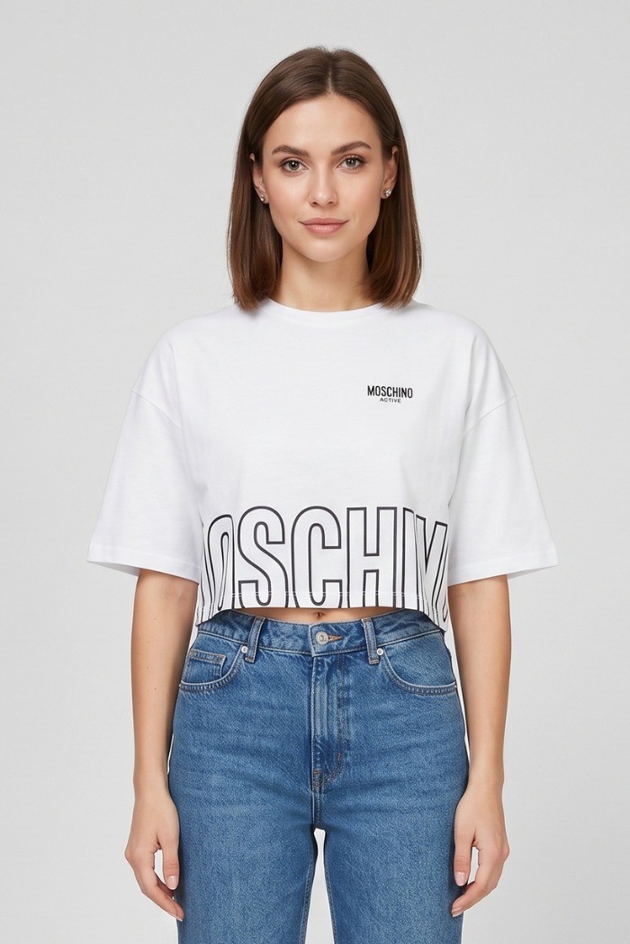 Moschino t-shirt cropped con stampa logo sul fondo V6A0712-4419 [e18a4f58]
