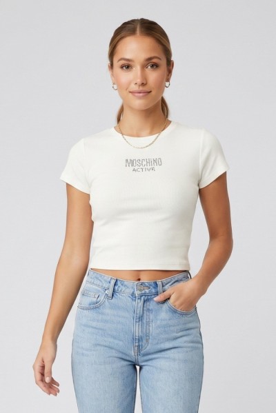 Moschino t-shirt in cotone stretch con logo strass V6A0711-4420 — 805219040079804_1