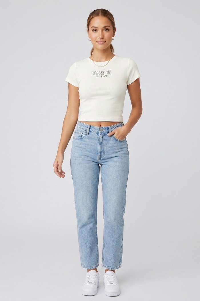 Moschino t-shirt in cotone stretch con logo strass V6A0711-4420 [e7931510]