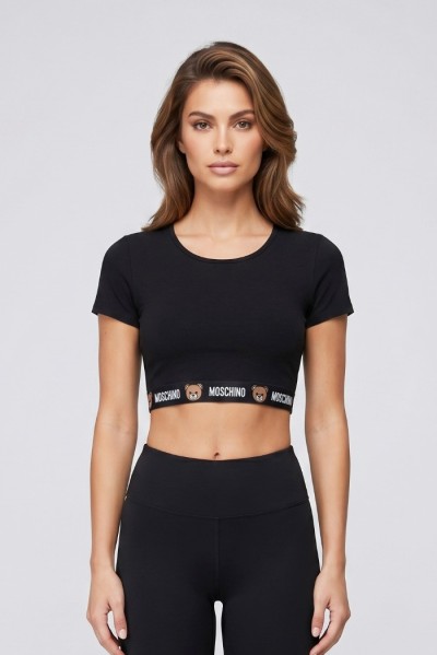 Moschino t-shirt cropped in cotone stretch con elastico logato V6A1201-4402 — 805219040079812_1