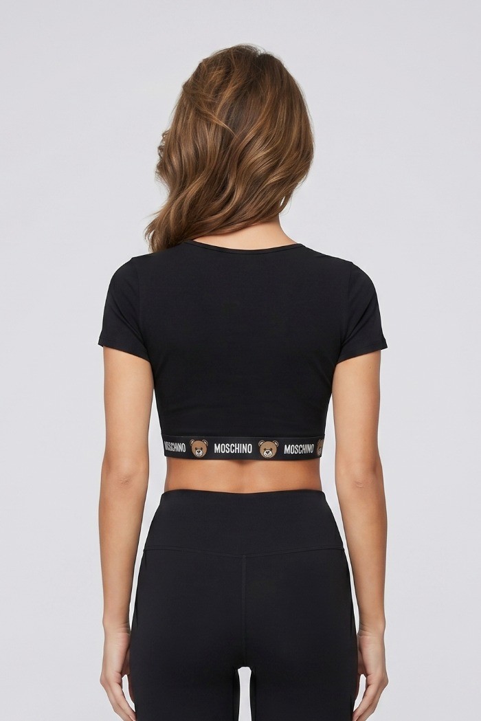 Moschino t-shirt cropped in cotone stretch con elastico logato V6A1201-4402 [7acbcb8d]
