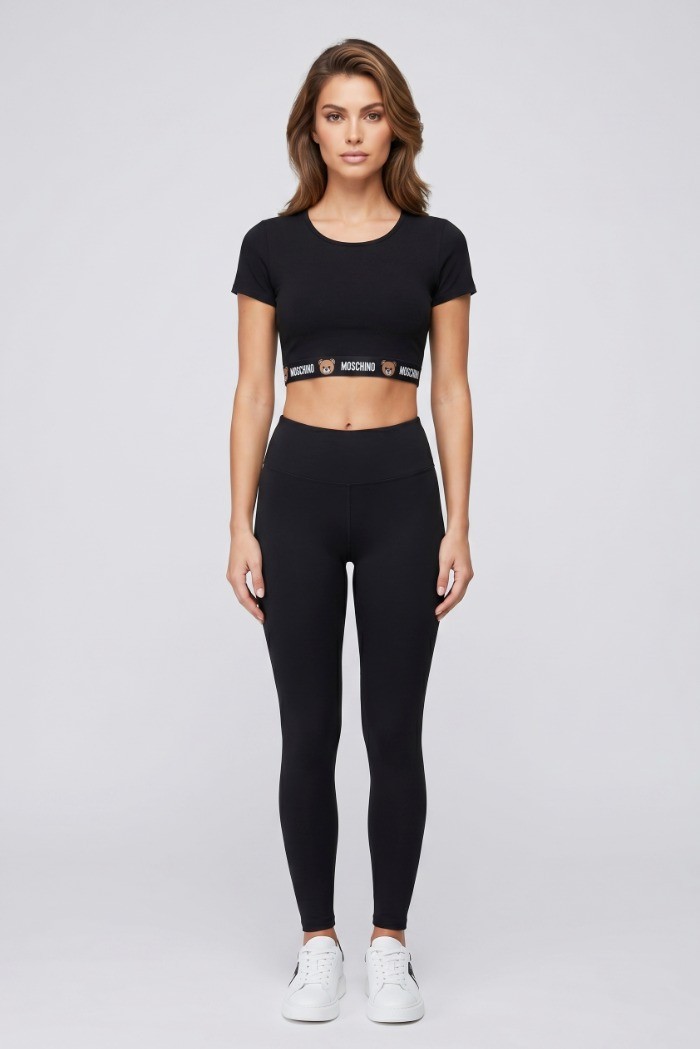 Moschino t-shirt cropped in cotone stretch con elastico logato V6A1201-4402 [cdd60a89]