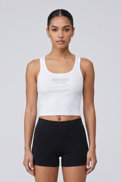Moschino canotta in cotone stretch con logo strass V6A8911-4420 [f0e21817]