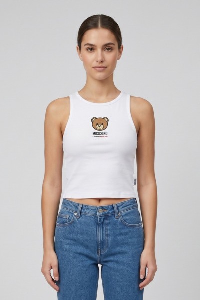 Moschino canotta in cotone stretch con stampa logo orso V6A8901-4410 [b89e20e3]