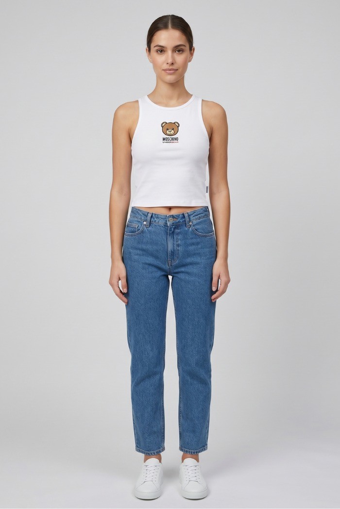 Moschino canotta in cotone stretch con stampa logo orso V6A8901-4410 [d6a5a2ea]