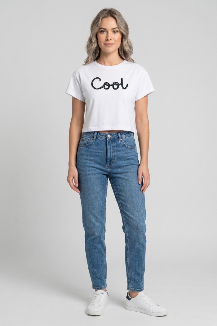 Fly Girl t-shirt in cotone stretch con strass 1005/05 [00bcb9fe]
