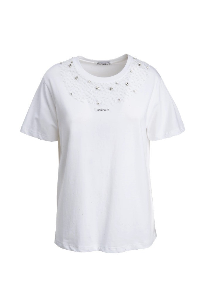 Influencer t-shirt girocollo con stampa e strass 05G0526 [6417c15c]