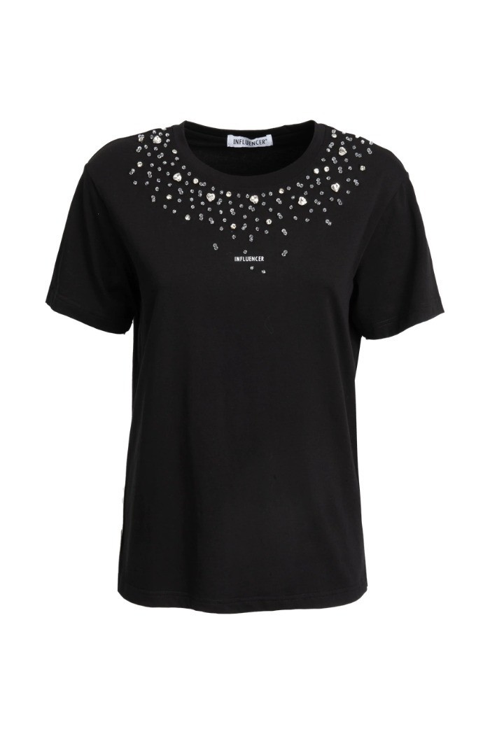 Influencer t-shirt girocollo con stampa e strass 05G0526 [f808b8d4]