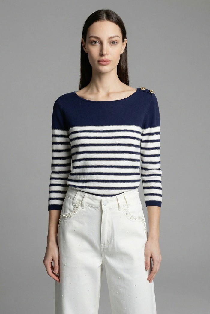 Influencer maglia a righe con scollo ampio 05J350 [74571e21]
