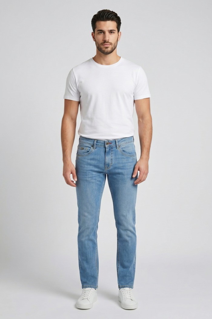 Rifle jeans in denim di cotone stretch lavaggio chiaro RF409 [b034ce3e]