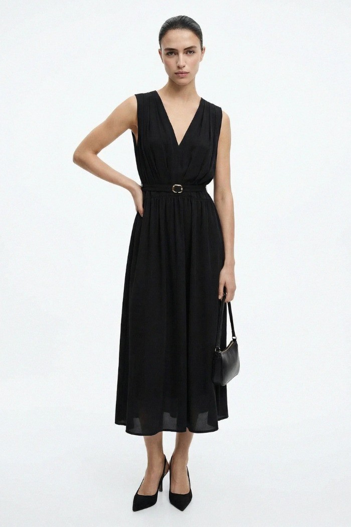 Influencer abito midi scollo a V con drappeggio 05Y186 [fd2a21c9]