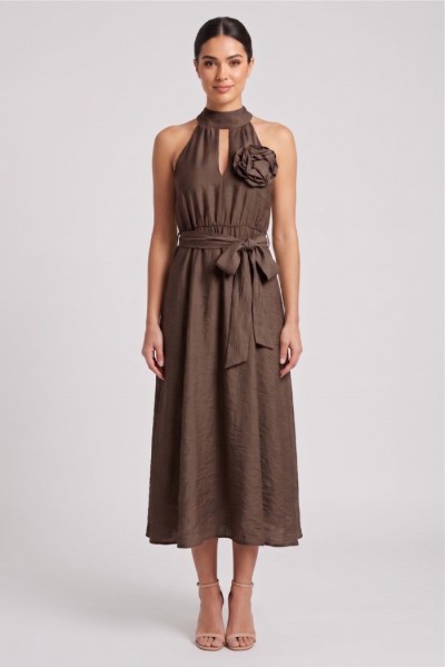 Maidoma abito in misto lino con spilla fiore PE26F527/AB2086 [094b2840]
