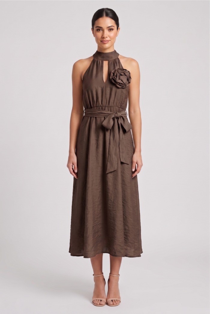 Maidoma abito in misto lino con spilla fiore PE26F527/AB2086 [094b2840]