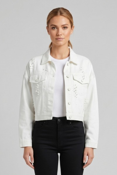 Influencer giacca in denim con applicazioni perle 05P144 — 805219040080068_1