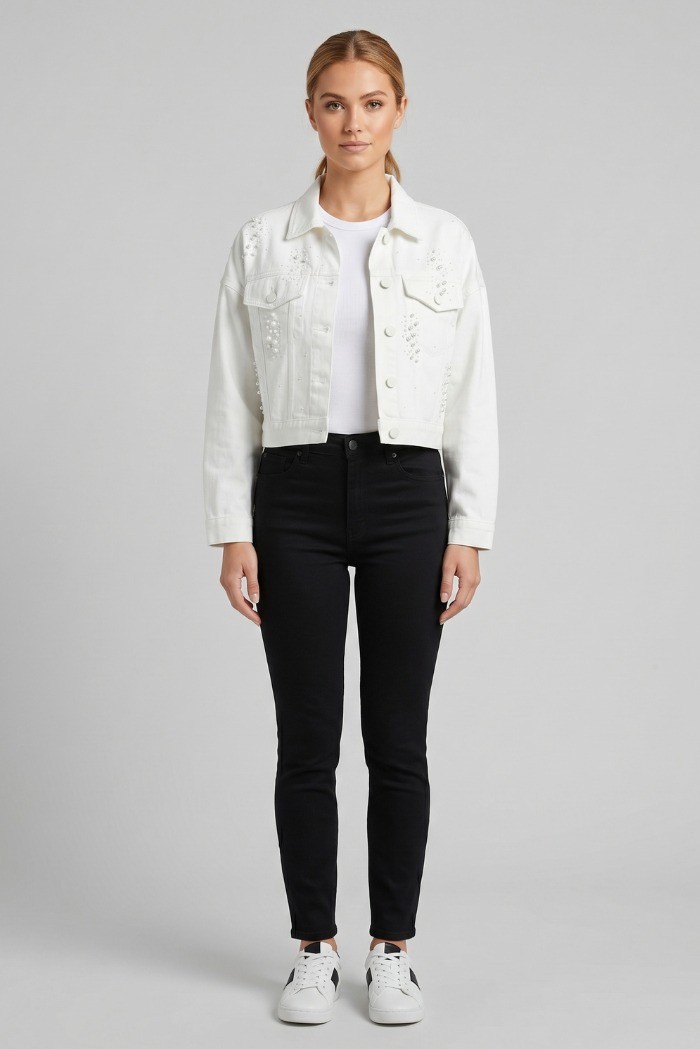 Influencer giacca in denim con applicazioni perle 05P144 [73e63833]