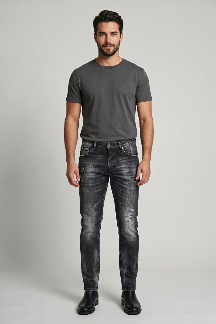 Drop Season 2 jeans in denim con spruzzi e rotture SS26D11 [b67fe95f]