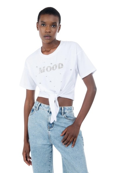 Influencer t-shirt in cotone stretch con strass e perline 03ab134 [596b9a52]