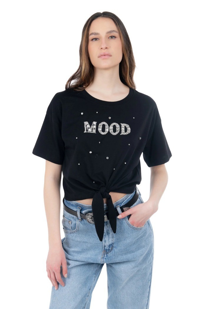 Influencer t-shirt in cotone stretch con strass e perline 03ab134 [726922de]