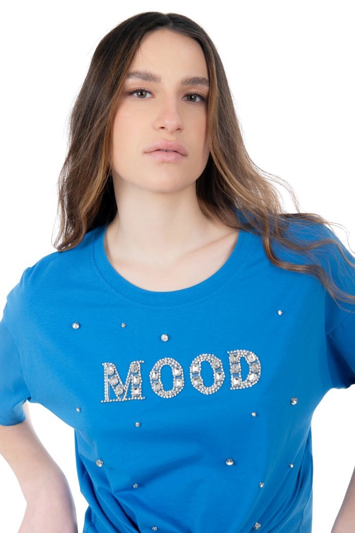 Influencer t-shirt in cotone stretch con strass e perline 03AB134 [17c24d20]