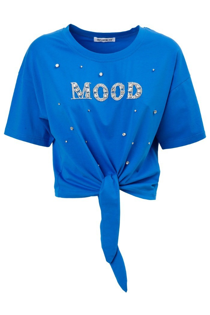 Influencer t-shirt in cotone stretch con strass e perline 03AB134 [a58fcb3a]