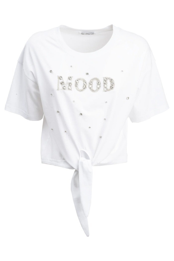 Influencer t-shirt in cotone stretch con strass e perline 03AB134 [32005f45]