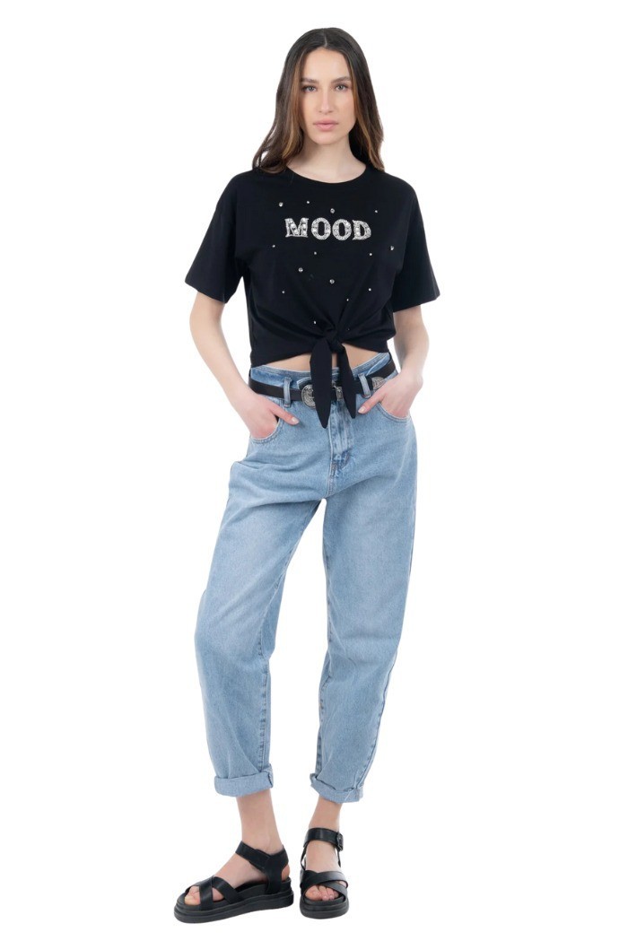 Influencer t-shirt in cotone stretch con strass e perline 03AB134 [ab4f61d3]