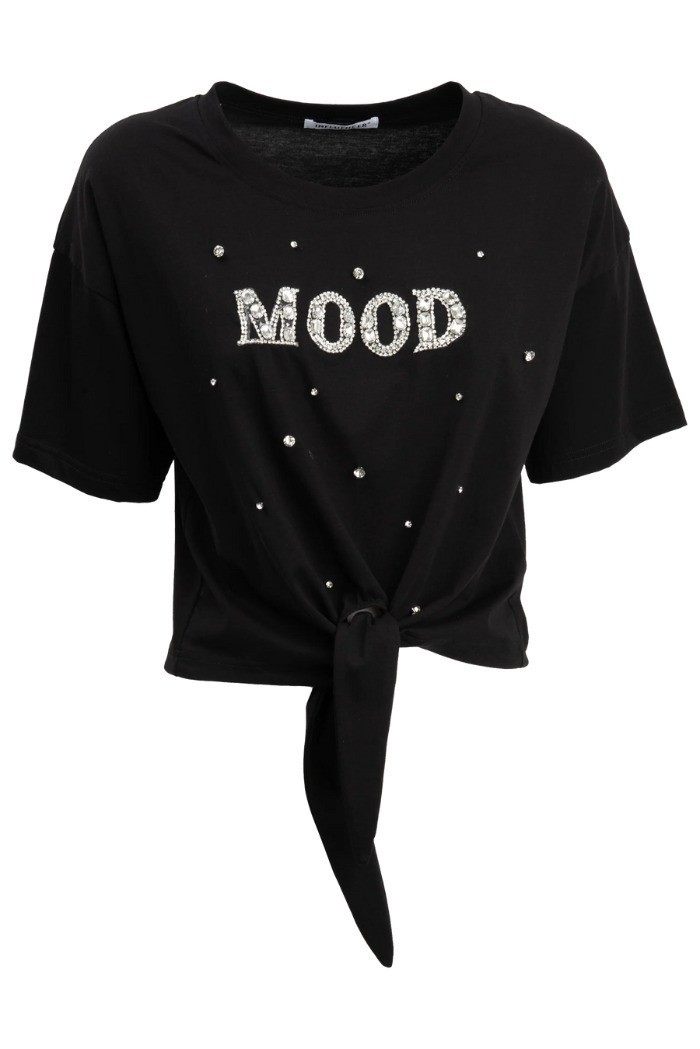 Influencer t-shirt in cotone stretch con strass e perline 03AB134 [1902e7c9]