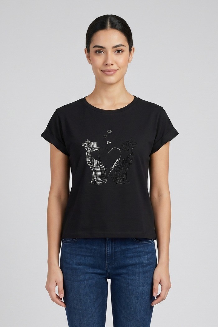 Fresh Flower t-shirt in cotone con risvolti e strass FD567 [730b73a6]