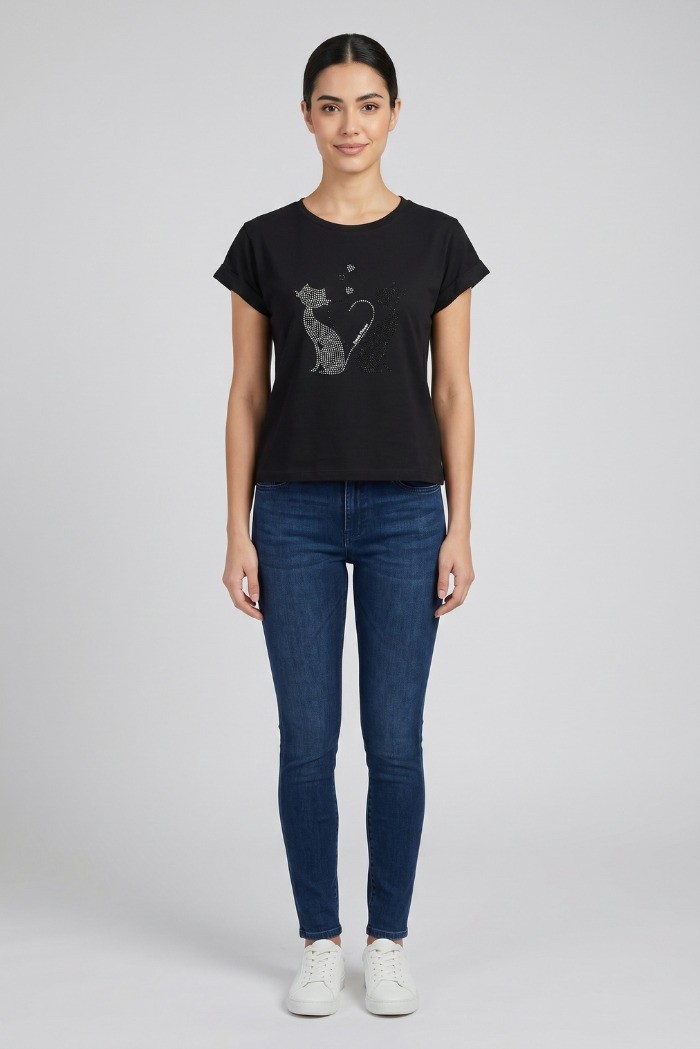 Fresh Flower t-shirt in cotone con risvolti e strass FD567 [1d30f1af]
